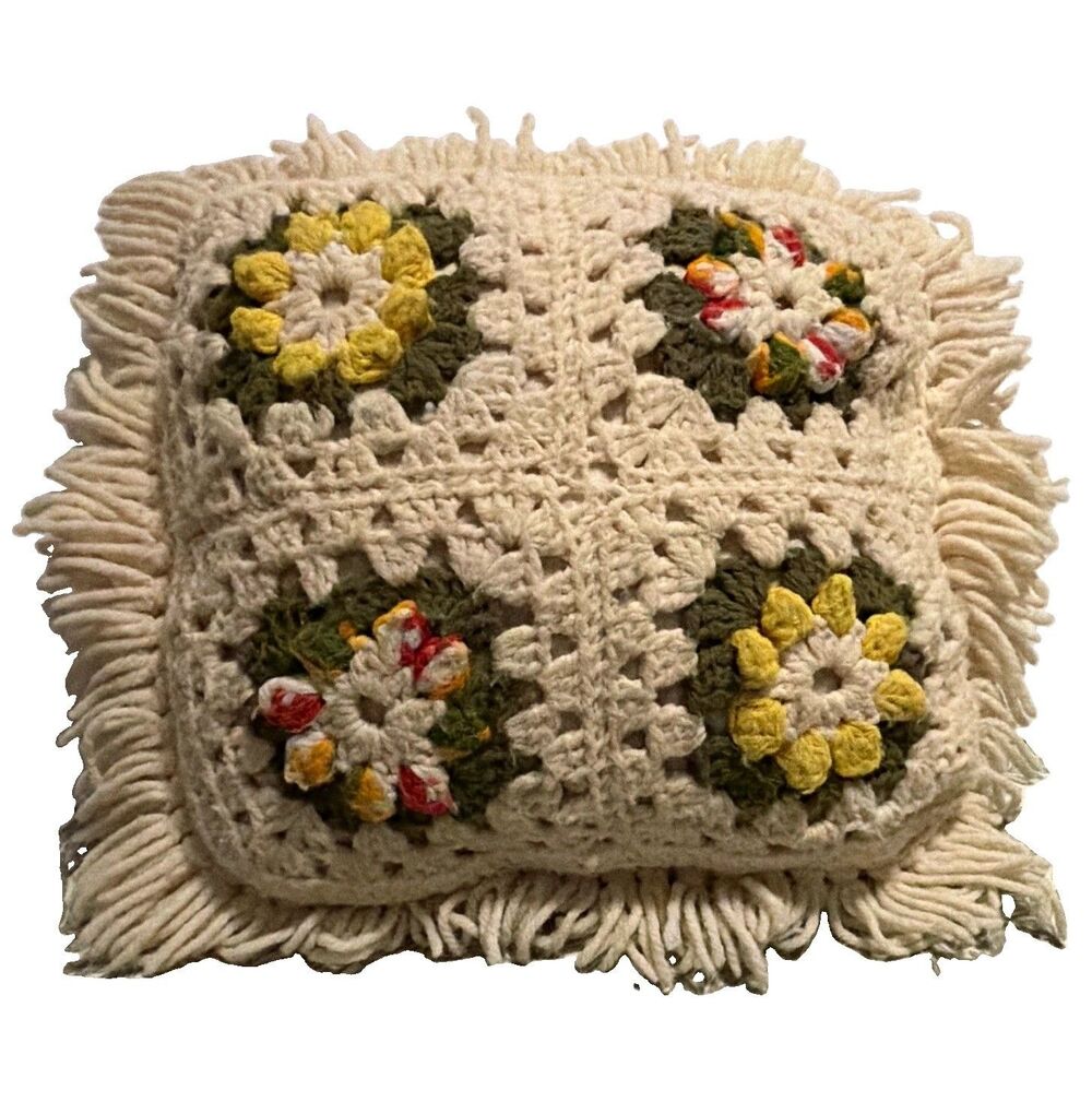Vintage 1970s Boho Crochet Granny Square Throw Pillow with Fringe 12x12 in